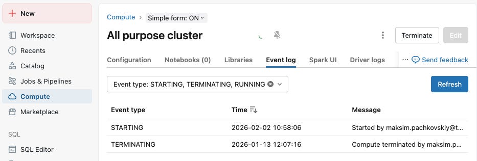 Databricks all-purpose cluster event log with starting and terminating events.
