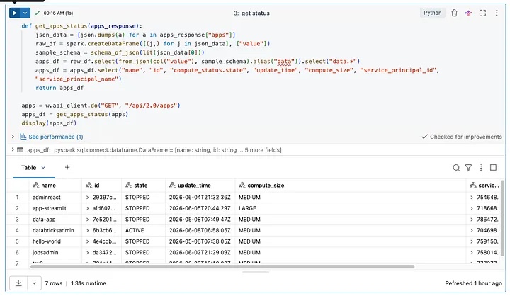 Databricks notebook showing the current status of Apps.