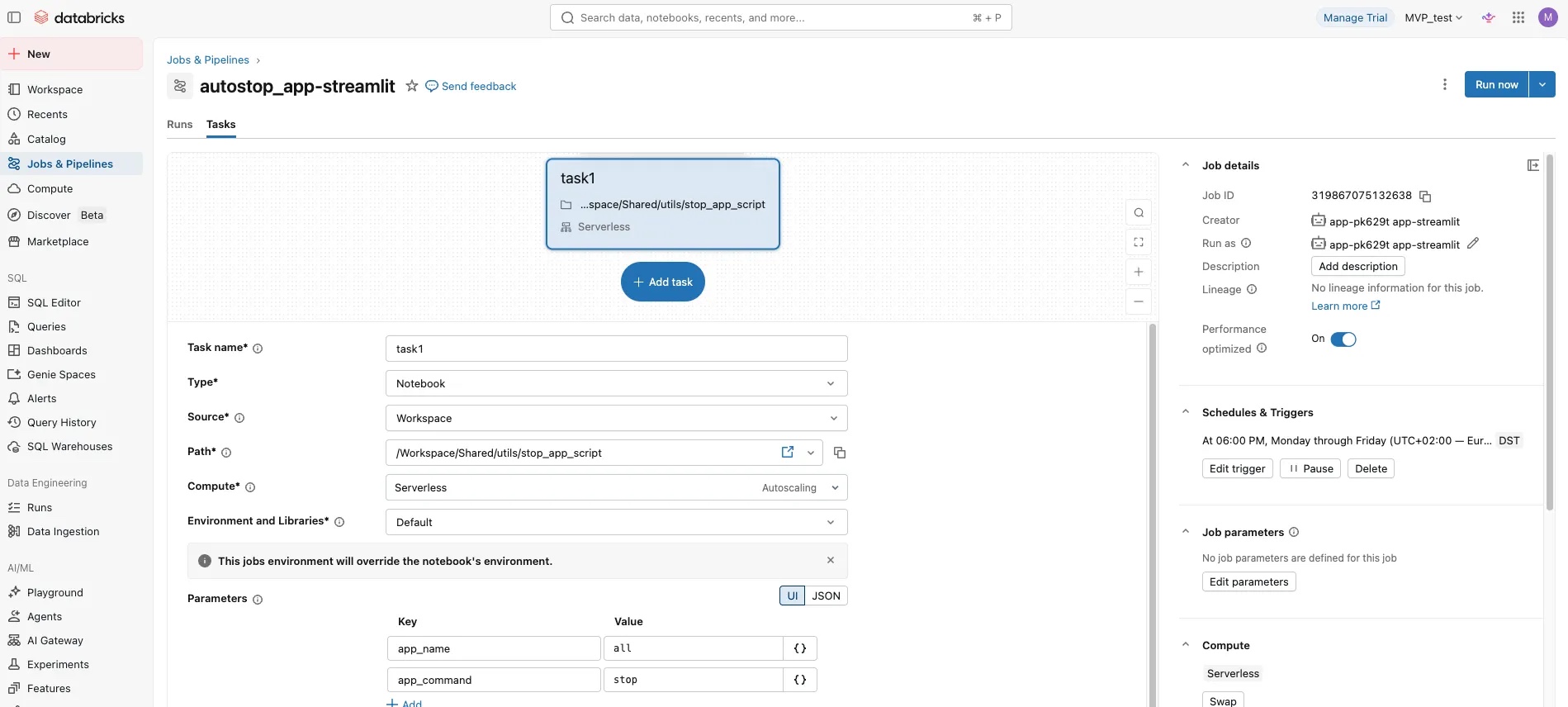 Databricks Job configured to stop Apps with app_name and app_command parameters.