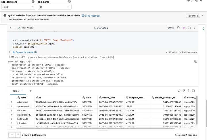 Databricks notebook output after stopping Apps.