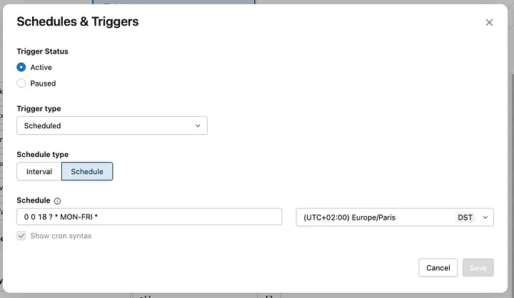 Databricks schedule dialog with a weekday stop schedule.