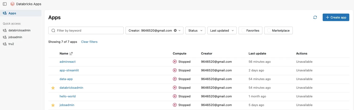 Databricks Apps page showing Apps in a stopped state.