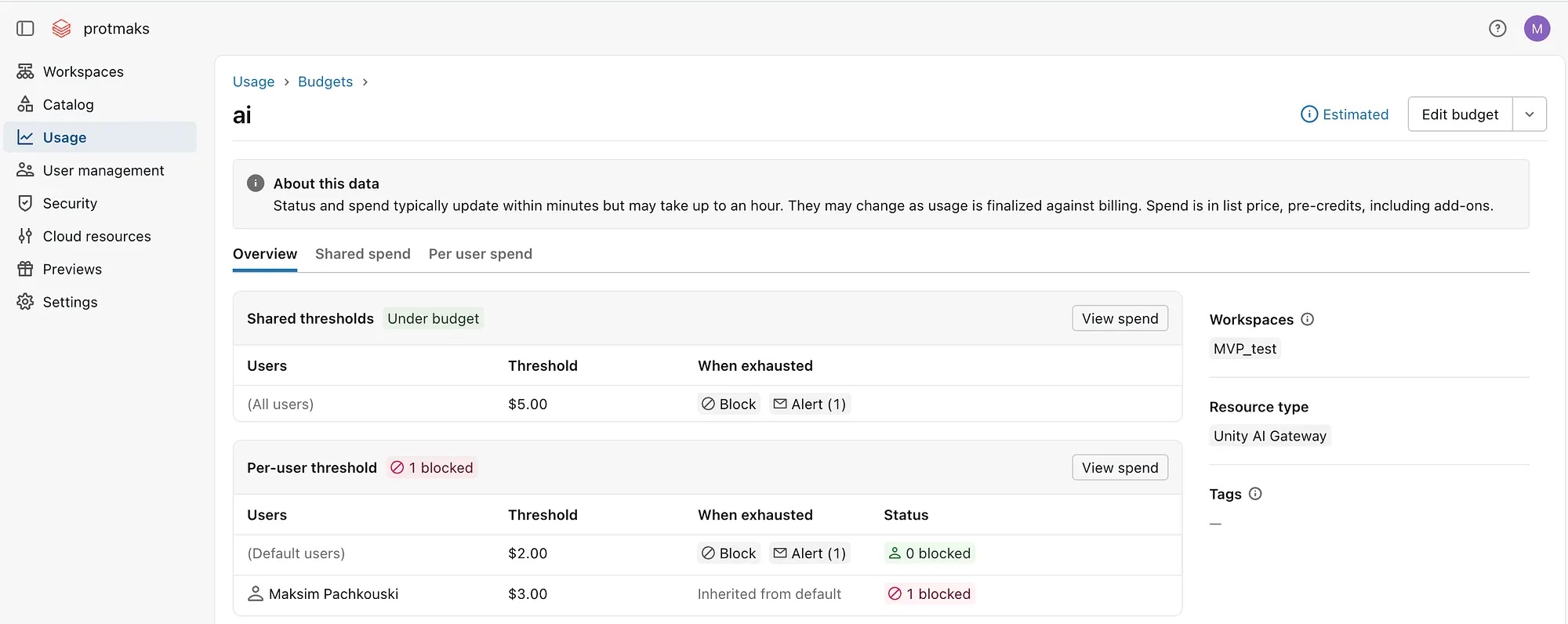 Databricks Genie budget page with shared and per-user thresholds and blocking enabled.