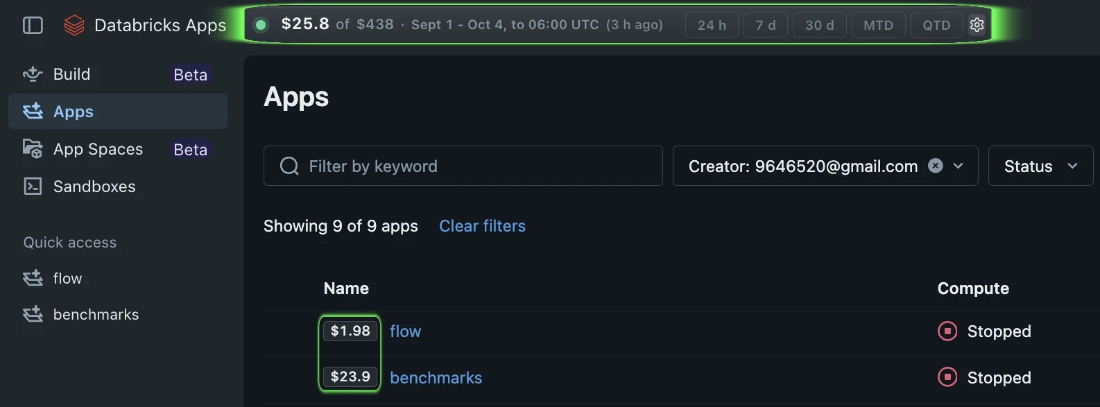 App cost badges beside names, with stopped compute statuses on the same page.