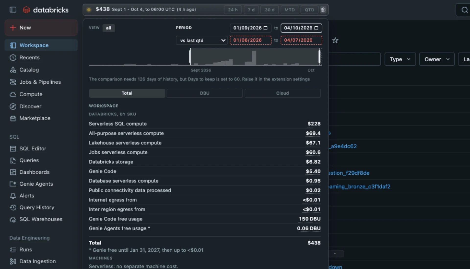 FinOpsWay cost information displayed inside a Databricks workspace.
