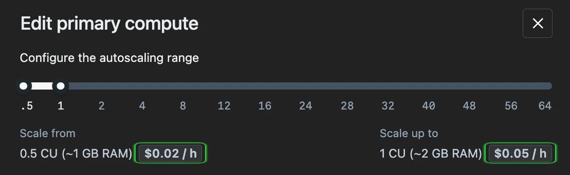 Lakebase autoscaling settings with hourly estimates beside the minimum 0.5 CU and maximum 1 CU.