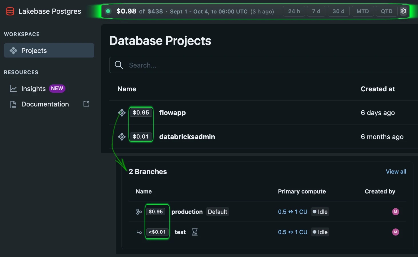 FinOpsWay cost information for a Lakebase database and its branches.