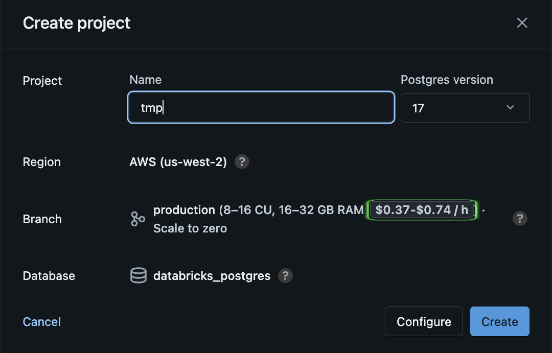 Lakebase Create project dialog with a FinOpsWay estimate of $0.37 to $0.74 per hour beside the production branch configuration.