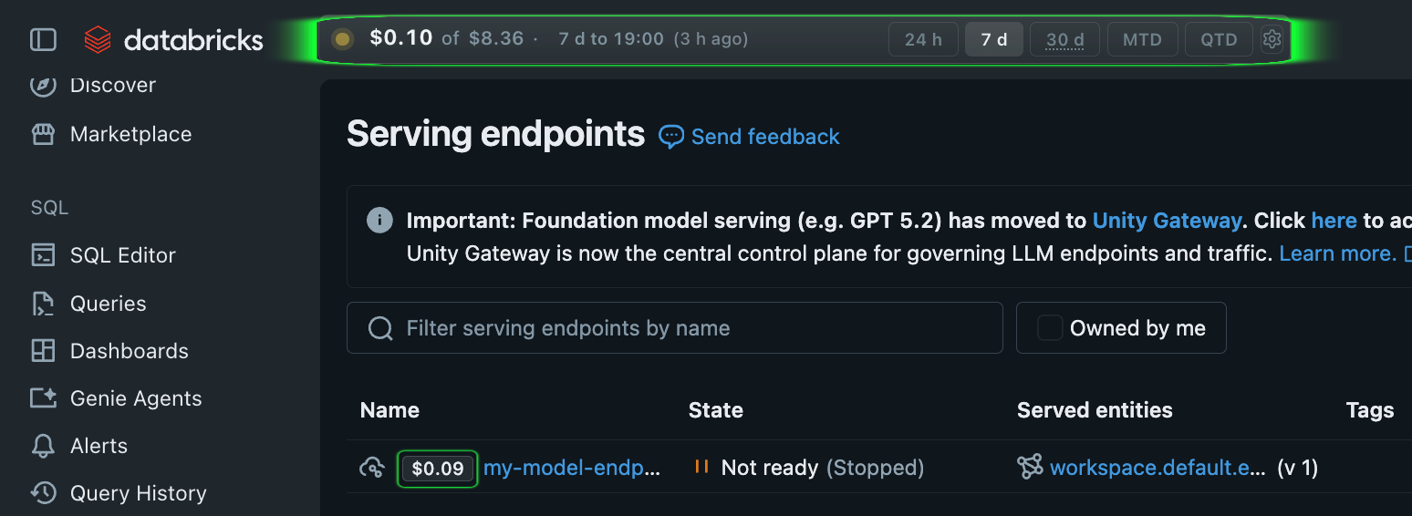 FinOpsWay serving endpoint cost page showing DBU usage and a cost context beside the endpoint name in Databricks.