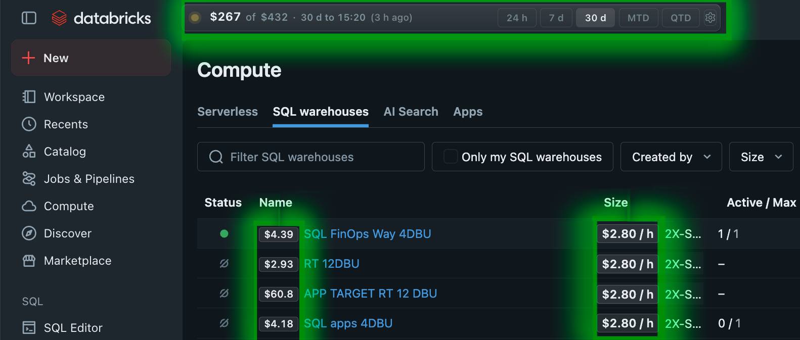 FinOpsWay cost information on the Databricks clusters page.