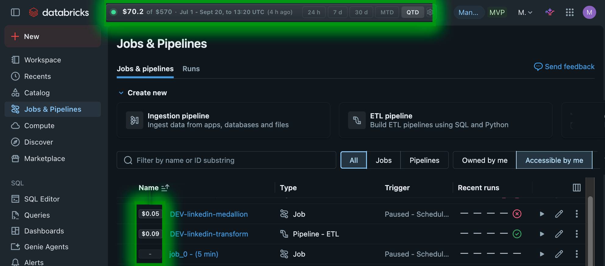 FinOpsWay cost information on the Databricks jobs and pipelines page.